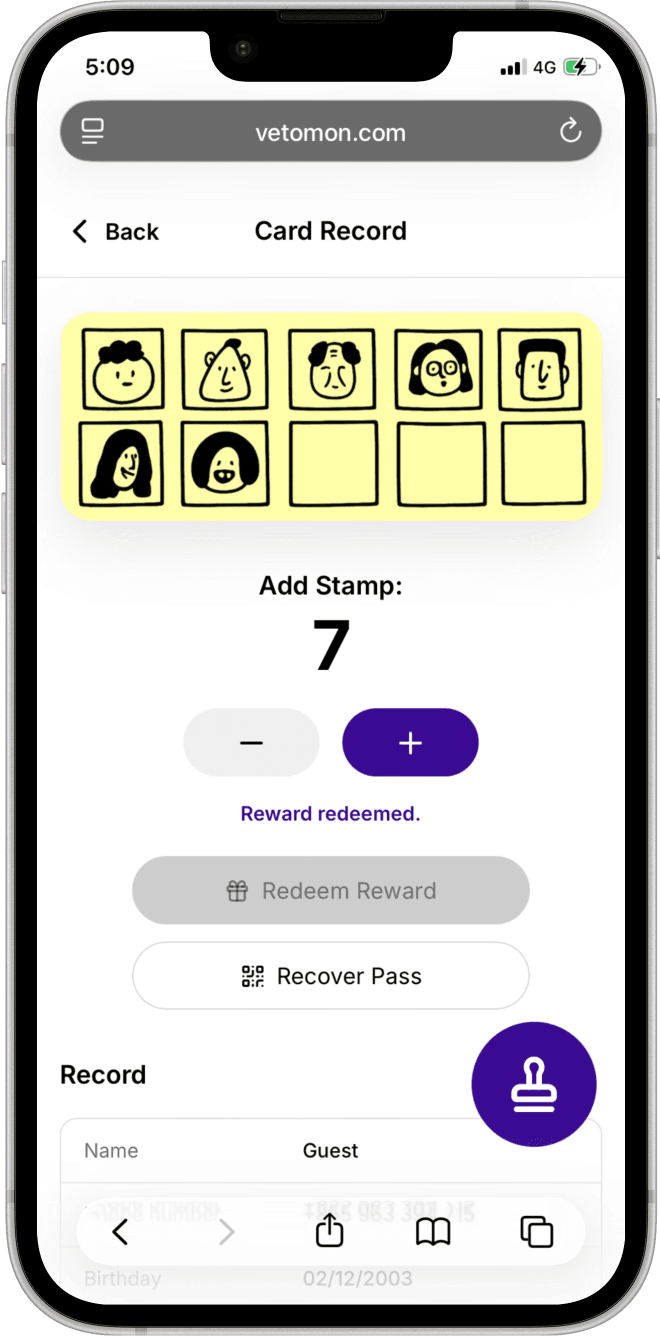 Customer loyalty card record